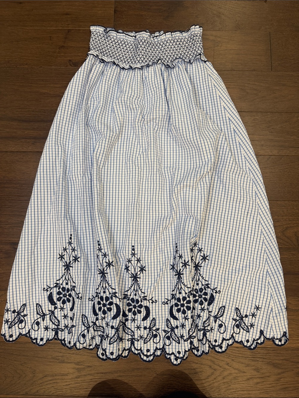Zara Blue and White Embroidered Smocked Midi Skirt Medium NWT - Picture 2 of 9